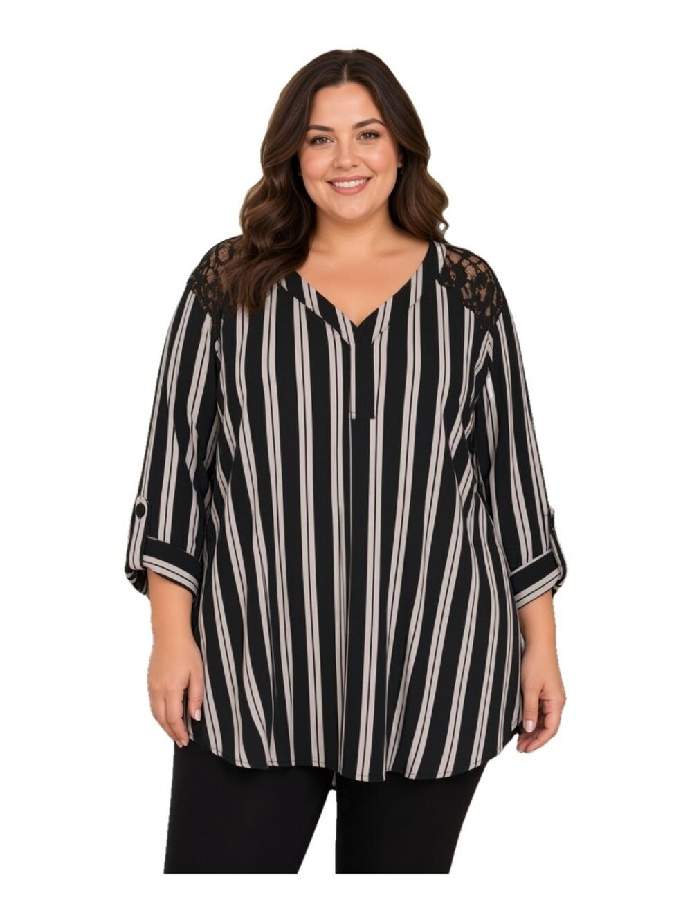 Torrid Black White Striped Lace Back Yoke Tunic Top Split V Neck Roll Tab Sleeve